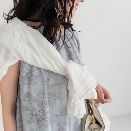 ladies Sleeve less gather dress / toile de jouy - blue