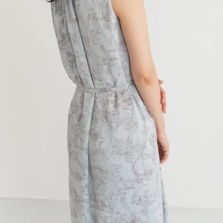 ladies Sleeve less gather dress / toile de jouy - blue