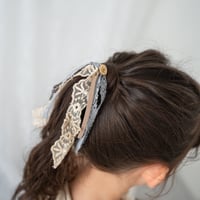 Hair ribbon tie / antique lace & dusty blue