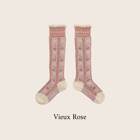 Collegien / Cerise - Jacquard Cherries and Bow Knee-high Socks