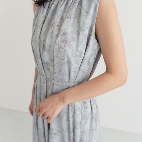 ladies Sleeve less gather dress / toile de jouy - blue