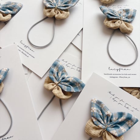 Fabric butterfly tie / Letter check Sky & Butter cream