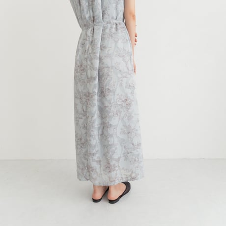 ladies Sleeve less gather dress / toile de jouy - blue