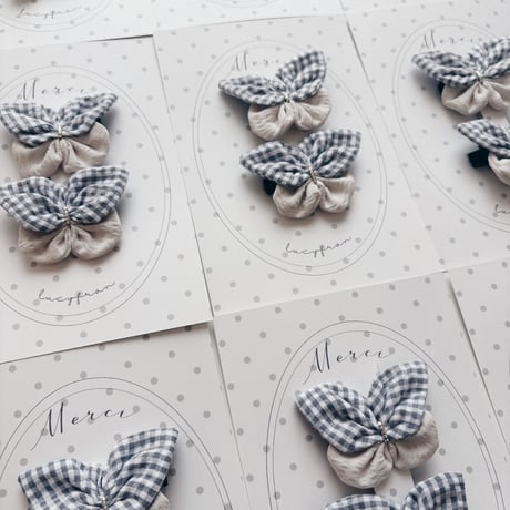 Fabric butterfly clip 2pc set / Grey gingham & Cream