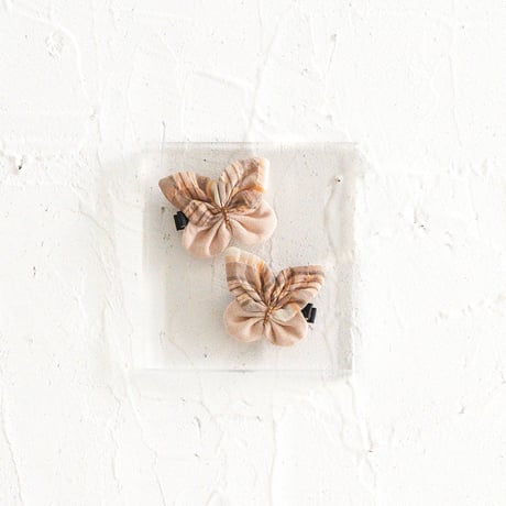 Fabric butterfly clip 2pc set / Coral check & Peach