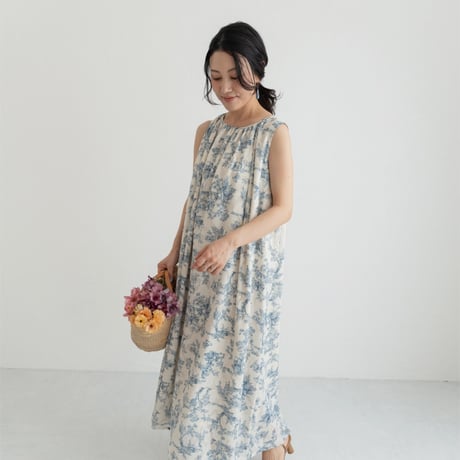 ladies Sleeve less gather dress / toile de jouy - vanilla