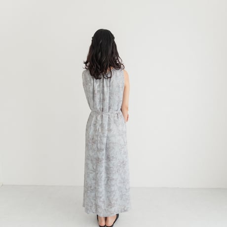 ladies Sleeve less gather dress / toile de jouy - blue