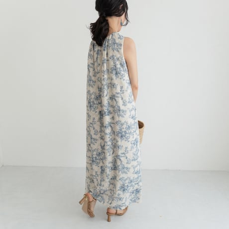 ladies Sleeve less gather dress / toile de jouy - vanilla
