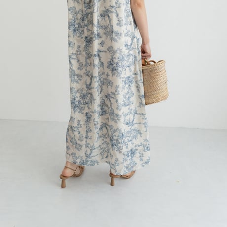 ladies Sleeve less gather dress / toile de jouy - vanilla