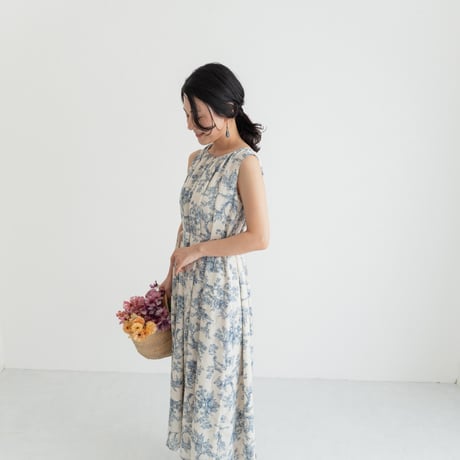 ladies Sleeve less gather dress / toile de jouy - vanilla