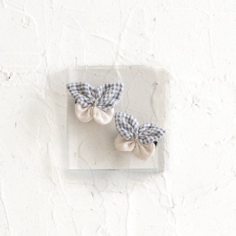 Fabric butterfly clip 2pc set / Grey gingham & Cream