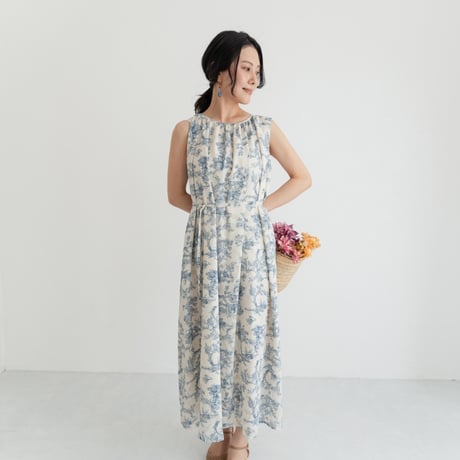 ladies Sleeve less gather dress / toile de jouy - vanilla