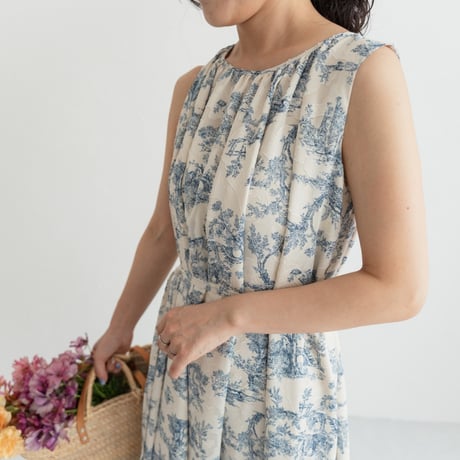 ladies Sleeve less gather dress / toile de jouy - vanilla