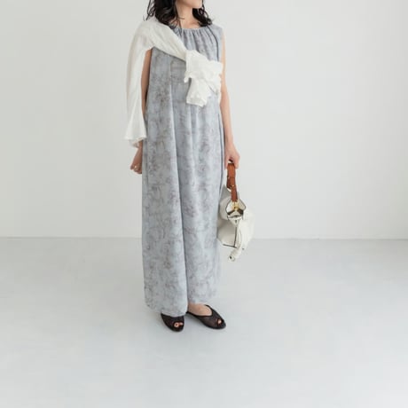 ladies Sleeve less gather dress / toile de jouy - blue