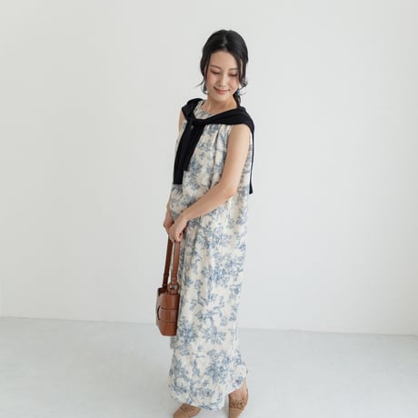 ladies Sleeve less gather dress / toile de jouy - vanilla