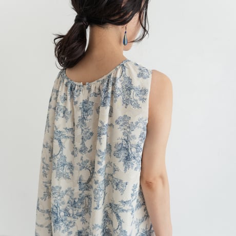 ladies Sleeve less gather dress / toile de jouy - vanilla