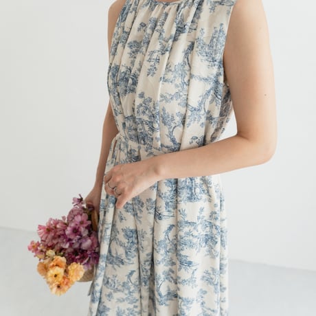 ladies Sleeve less gather dress / toile de jouy - vanilla