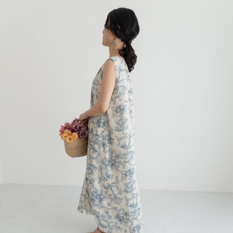 ladies Sleeve less gather dress / toile de jouy - vanilla