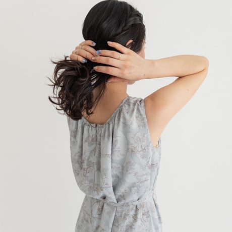 ladies Sleeve less gather dress / toile de jouy - blue