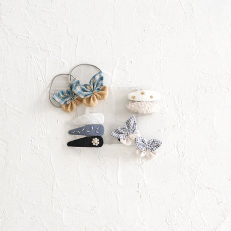 Fabric butterfly clip 2pc set / Grey gingham & Cream