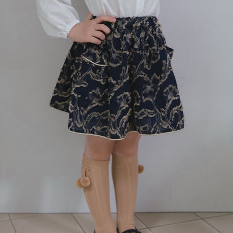 Piping gather skirt / navy jacquard