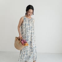 ladies Sleeve less gather dress / toile de jouy - vanilla