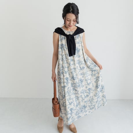 ladies Sleeve less gather dress / toile de jouy - vanilla