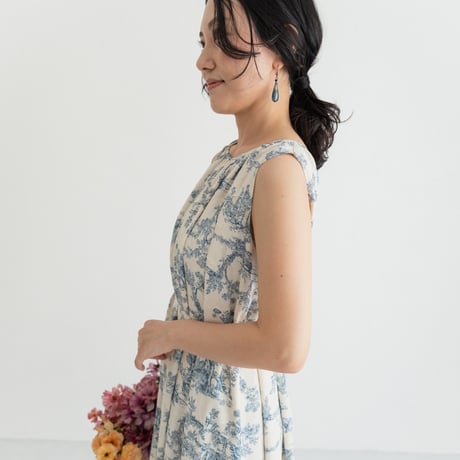 ladies Sleeve less gather dress / toile de jouy - vanilla