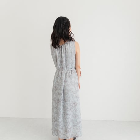 ladies Sleeve less gather dress / toile de jouy - blue