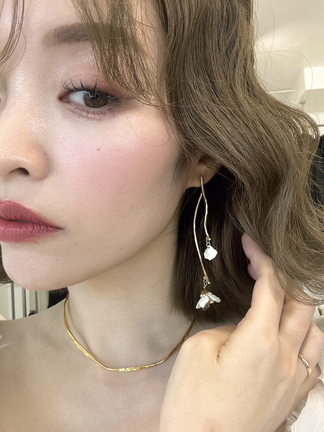 14kgfスモーキークォーツハートフラワーカービングピアス/イヤリング