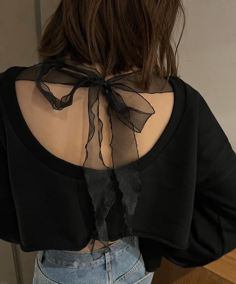 シアーリボンクロップドスウェットトップス
