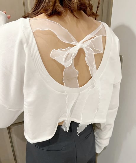 シアーリボンクロップドスウェットトップス