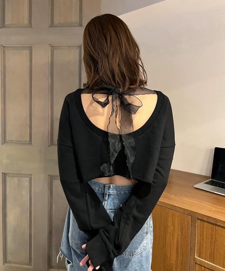 シアーリボンクロップドスウェットトップス
