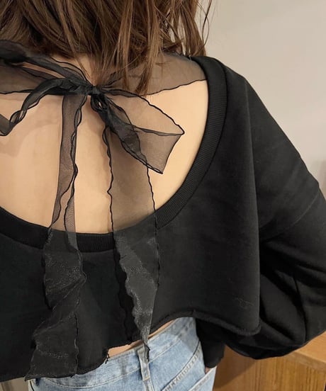 シアーリボンクロップドスウェットトップス