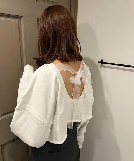 シアーリボンクロップドスウェットトップス