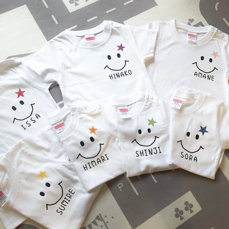 【名入れ＊スマイルＴシャツ＆ロンパース（ベビー・キッズ・レディース・メンズ）】