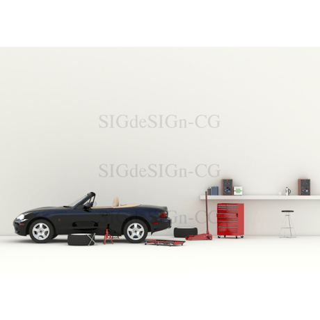 ガレージ横アングル 白い部屋の黒いロードスター