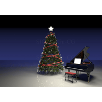 ピアノとクリスマスツリー 夜背景、赤モール、横