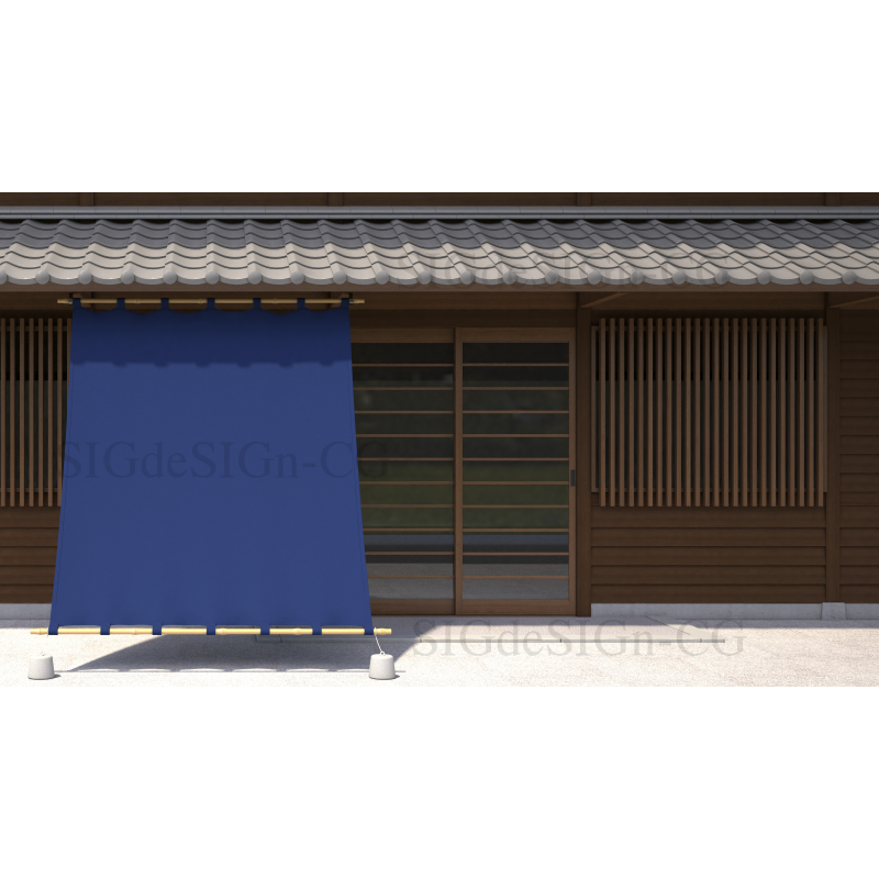 日よけ幕（日除け暖簾）と和風の店 木目壁 藍色版 | SIGdeSIGn