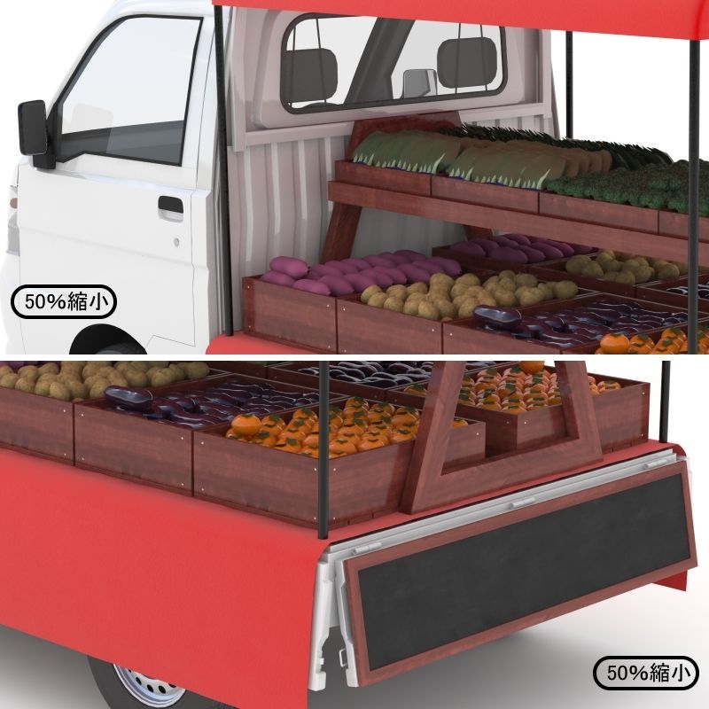 トラックの荷台に載せる行商用ケース、果物、野菜、鮮魚の移動販売