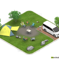 [アイソメ30] オートキャンプサイト風景 ファミリー仕様 背景透過PNG1枚zip圧縮