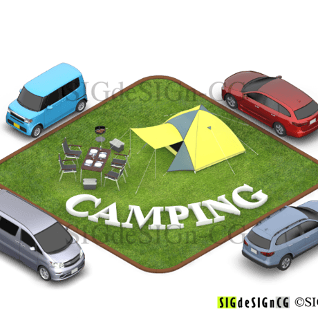 [アイソメ30] ジオラマ風のキャンプサイト　CAMPING文字  自動車4台