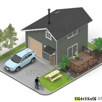 [アイソメ30] 住宅風景-小さなガレージハウス 背景透過PNG2枚zip圧縮