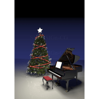 ピアノとクリスマスツリー 夜背景、赤モール、縦