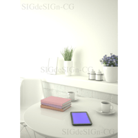 白のカフェスペースで本とタブレット 縦版
