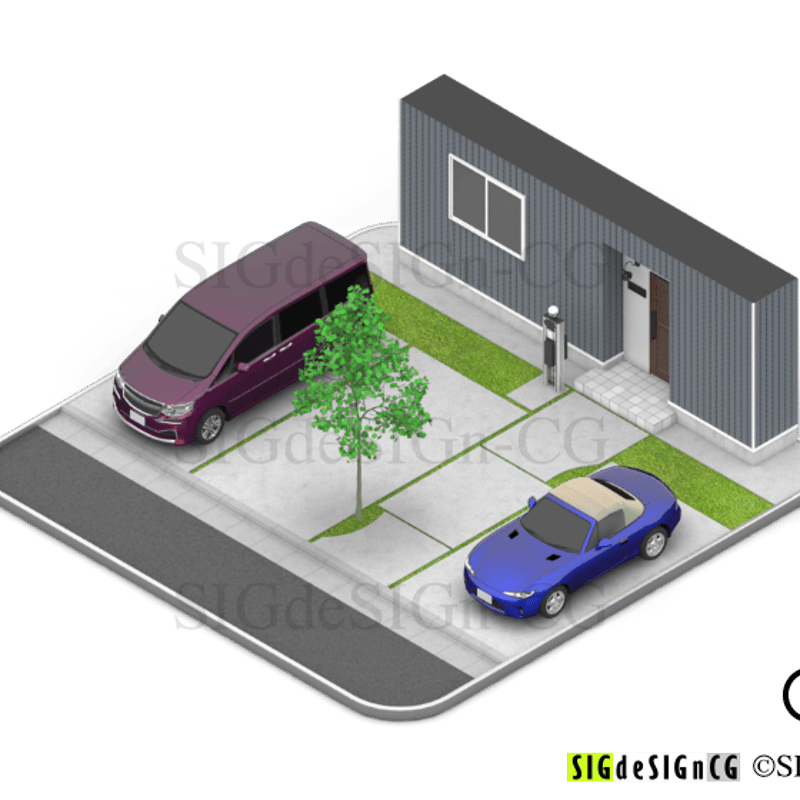 アイソメ30] 住宅風景-シンプルモダンな家の駐車スペース 背景透過PNG2