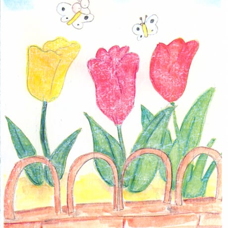 手すき紙の絵葉書（手描き絵画・イラストをプリント）No60225　春の絵はがき　チューリップ　蝶　ポストカード