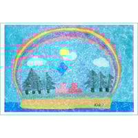 手すき紙の絵葉書（手描き絵画・イラストをプリント）No60104　虹のかかった島と木々と太陽のイラストの絵はがき　ポストカード