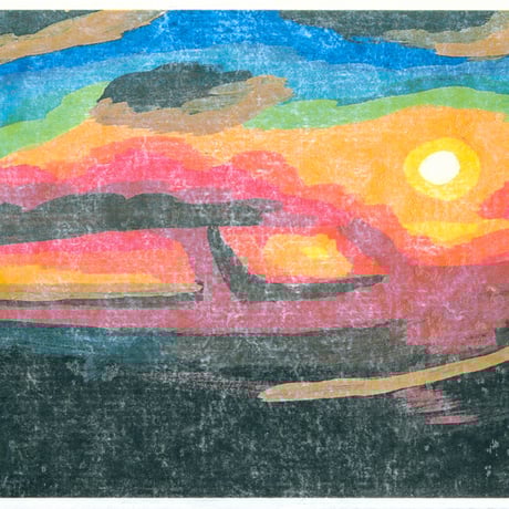 手すき紙の絵葉書（手描き絵画・イラストをプリント）No60105　夕日が沈む夕暮れ時の海岸を見た画家の心象風景を描いた絵はがき　ポストカード