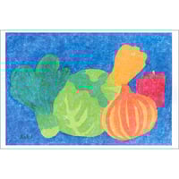 手すき紙の絵葉書（手描き絵画・イラストをプリント）No60107　キャベツ、ピーマン、玉ねぎなどの野菜を描いた静物画の絵はがき　ポストカード